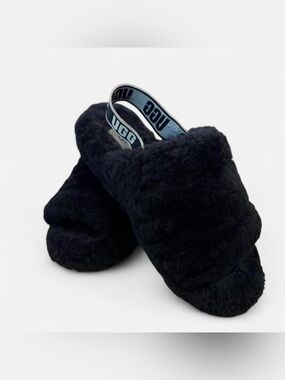 UGG Black Fluff Yeah Slides with Logo Strap Size 9